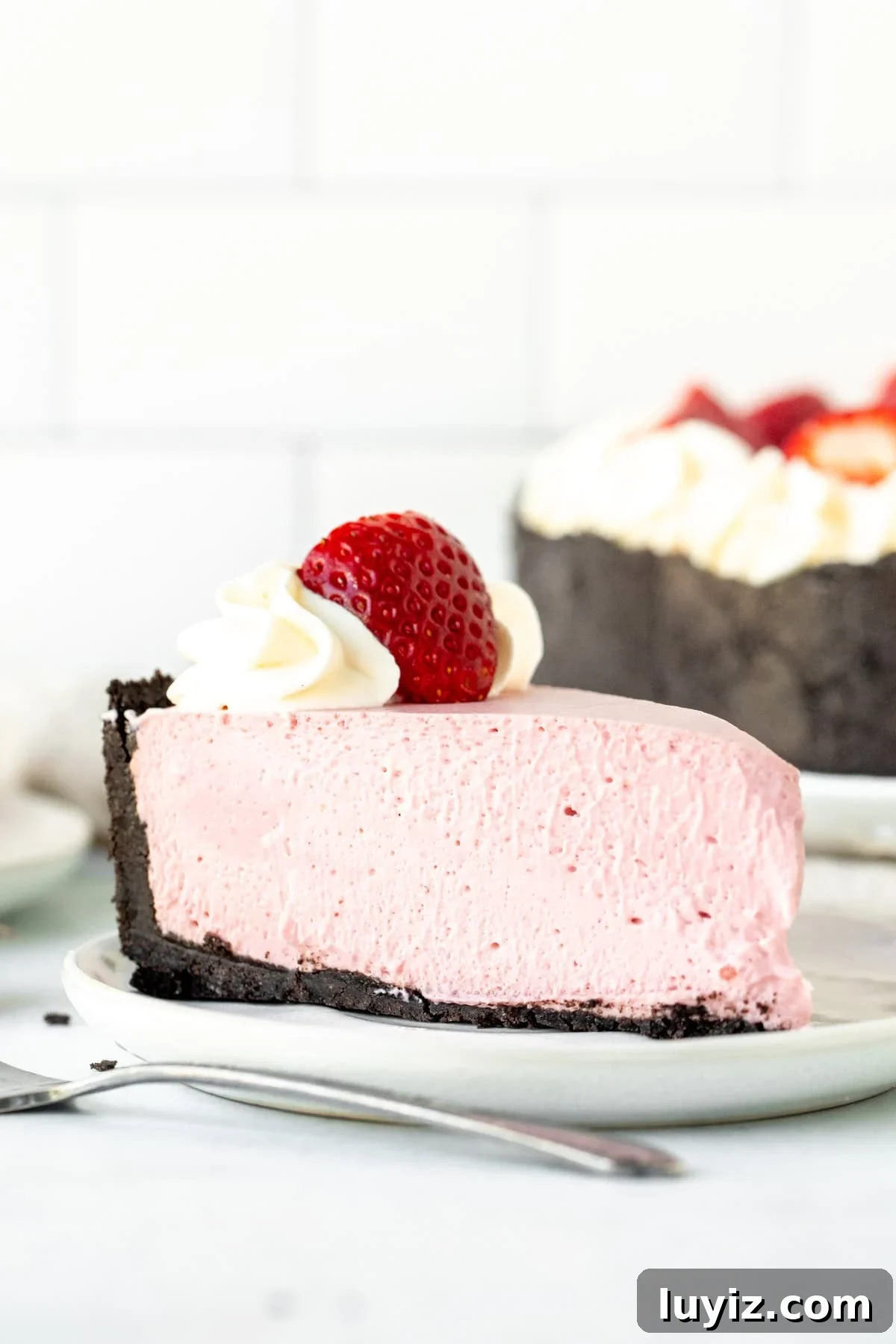 Creamy No-Bake Strawberry Cheesecake Recipe You’ll Love 2 Slice of no bake strawberry cheesecake topped with whipped cream and a strawberry