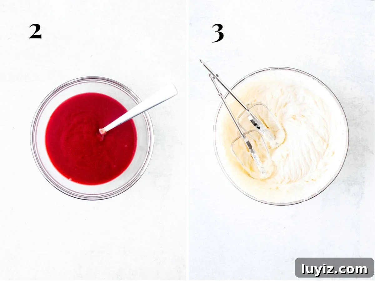Creamy No-Bake Strawberry Cheesecake Recipe You’ll Love 5 Bowl of reduced strawberry puree and bowl of whipped cream.