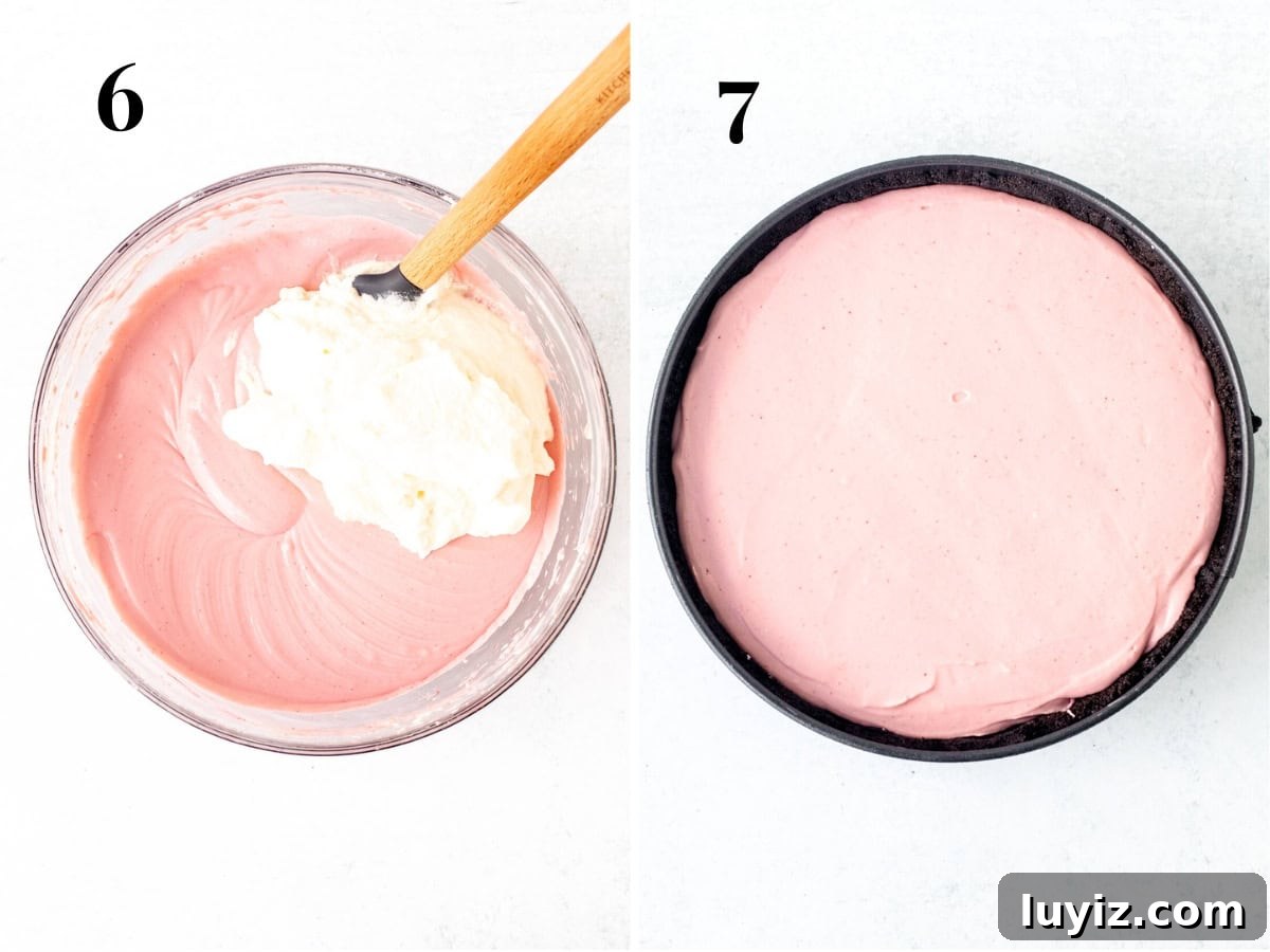 Creamy No-Bake Strawberry Cheesecake Recipe You’ll Love 6 Bowl of strawberry cheesecake batter with whipped cream added to the bowl, and springform pan with no bake strawberry cheesecake
