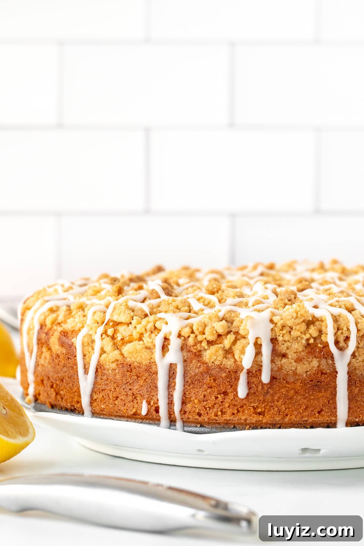 Moist Lemon Coffee Cake Recipe with Zesty Glaze 3 9-inch round lemon coffee cake with streusel topping drizzled with glaze