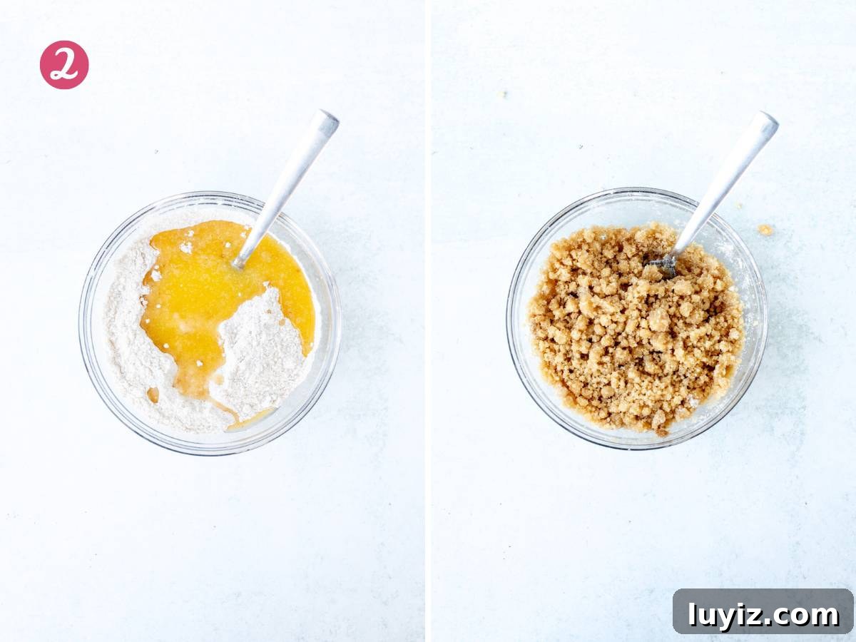 Moist Lemon Coffee Cake Recipe with Zesty Glaze 4 Bowl of dry ingredients and melted butter and bowl of streusel topping
