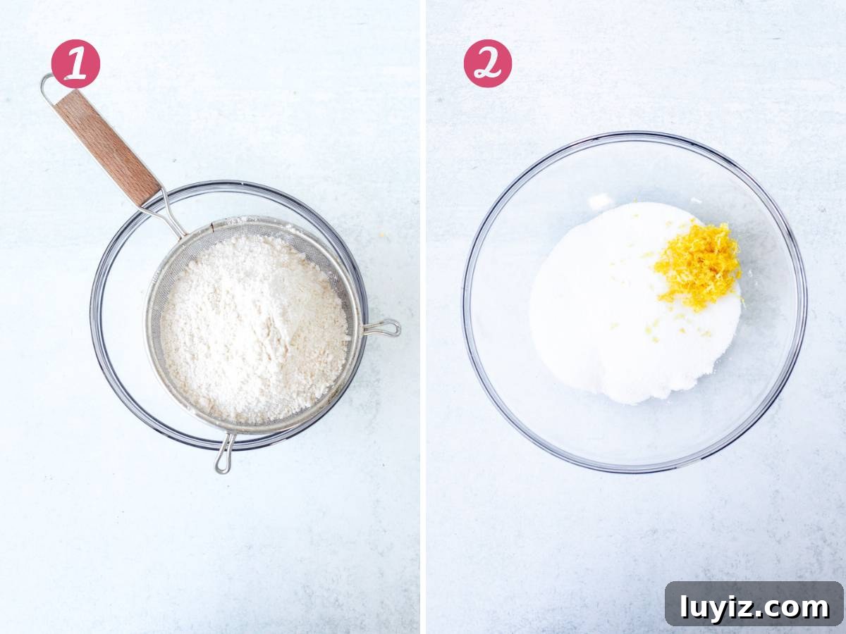 Moist Lemon Coffee Cake Recipe with Zesty Glaze 5 Sifting dry ingredients into a bowl and bowl of sugar and lemon zest