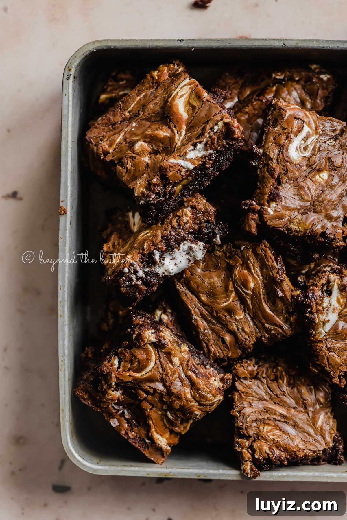 Marshmallow Peanut Butter Brownies Recipe — Gooey Chocolate Bars 2 Closeup of randomly placed marshmallow peanut butter brownies in small baking tray | All Images © Beyond the Butter™