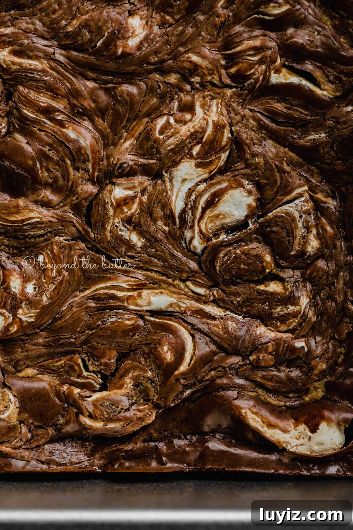 Marshmallow Peanut Butter Brownies Recipe — Gooey Chocolate Bars 10 Closeup of baking tray with uncut marshmallow peanut butter brownies | All Images © Beyond the Butter™