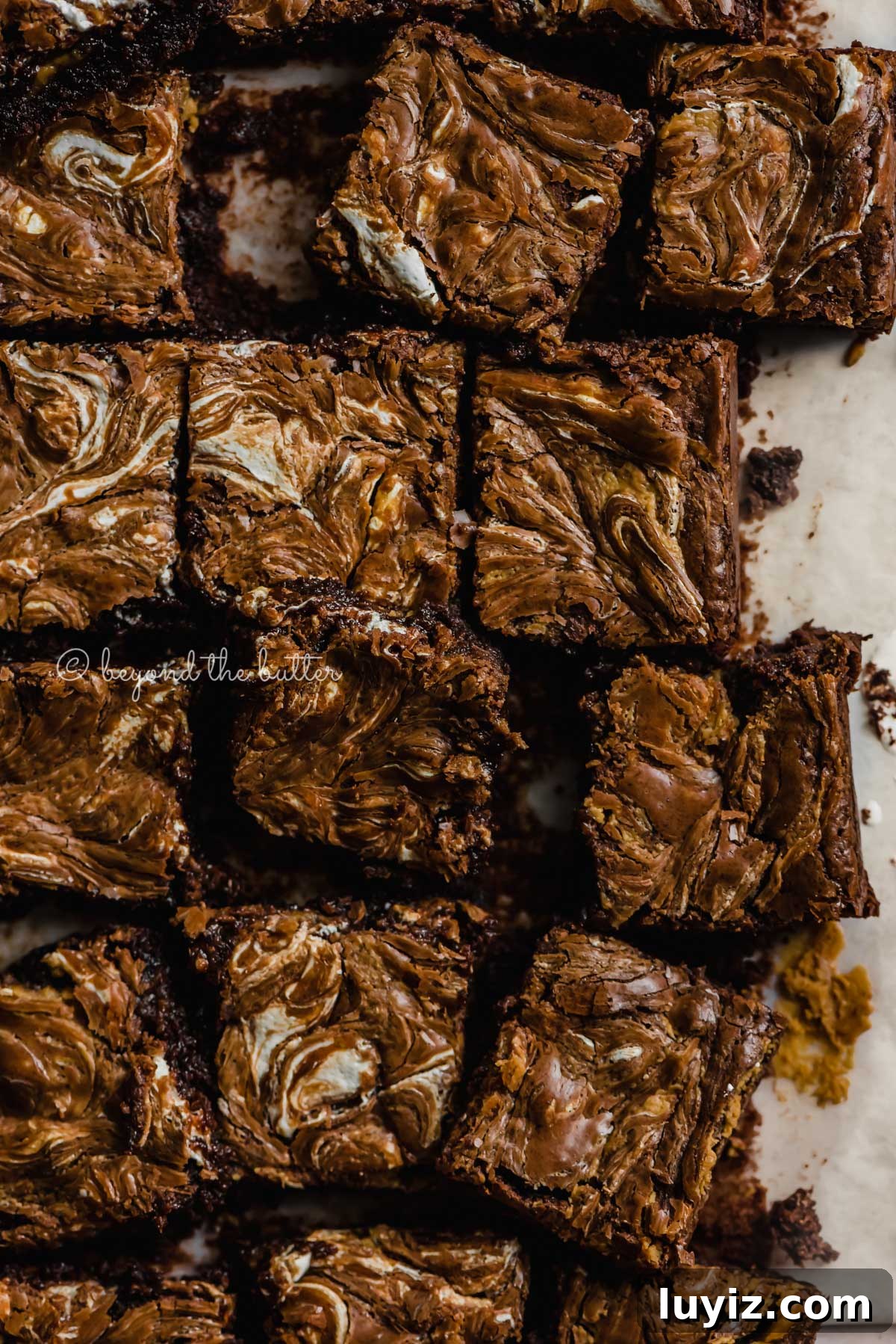 Marshmallow Peanut Butter Brownies Recipe — Gooey Chocolate Bars 4 Randomly arranged marshmallow peanut butter brownies on parchment paper | All Images © Beyond the Butter™