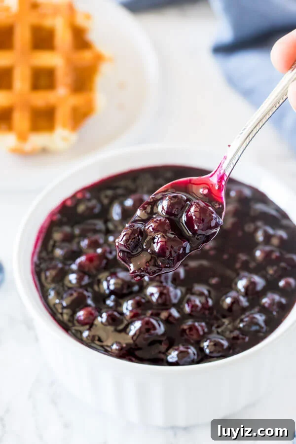 Homemade Blueberry Sauce from Fresh or Frozen Berries 2 A bowl of homemade blueberry sauce with a spoon taking some out of the bowl.