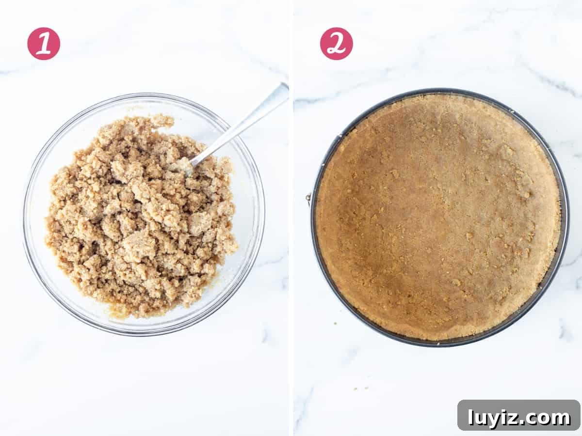 Creamy No-Bake Lemon Cheesecake Recipe: Zesty Dessert Without Baking 4 Bowl of graham crust mixture, and graham crust in a round springform pan.