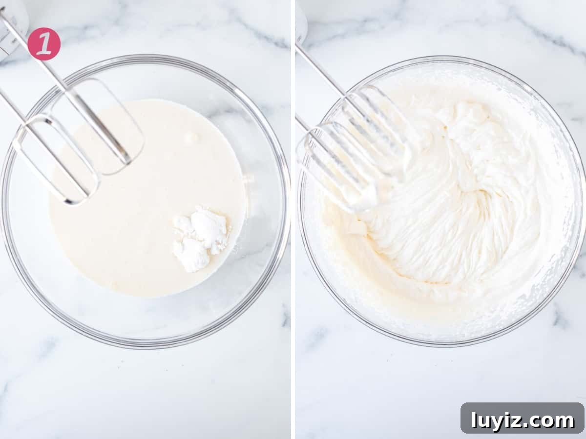 Creamy No-Bake Lemon Cheesecake Recipe: Zesty Dessert Without Baking 5 Bowl of whipping cream with tablespoon of powdered sugar and bowl of whipped cream