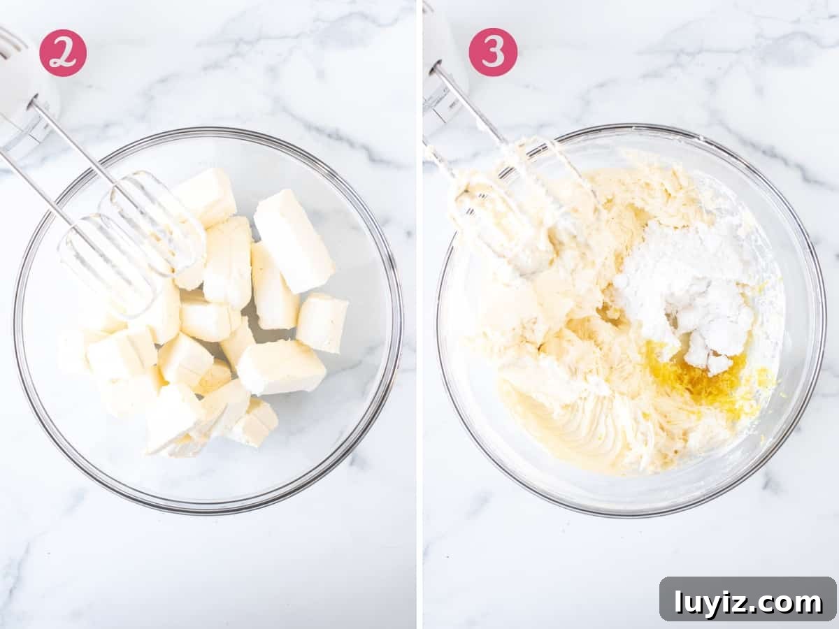 Creamy No-Bake Lemon Cheesecake Recipe: Zesty Dessert Without Baking 6 Bowl of cream cheese and bowl of beaten cream cheese with powdered sugar, lemon juice and lemon zest.