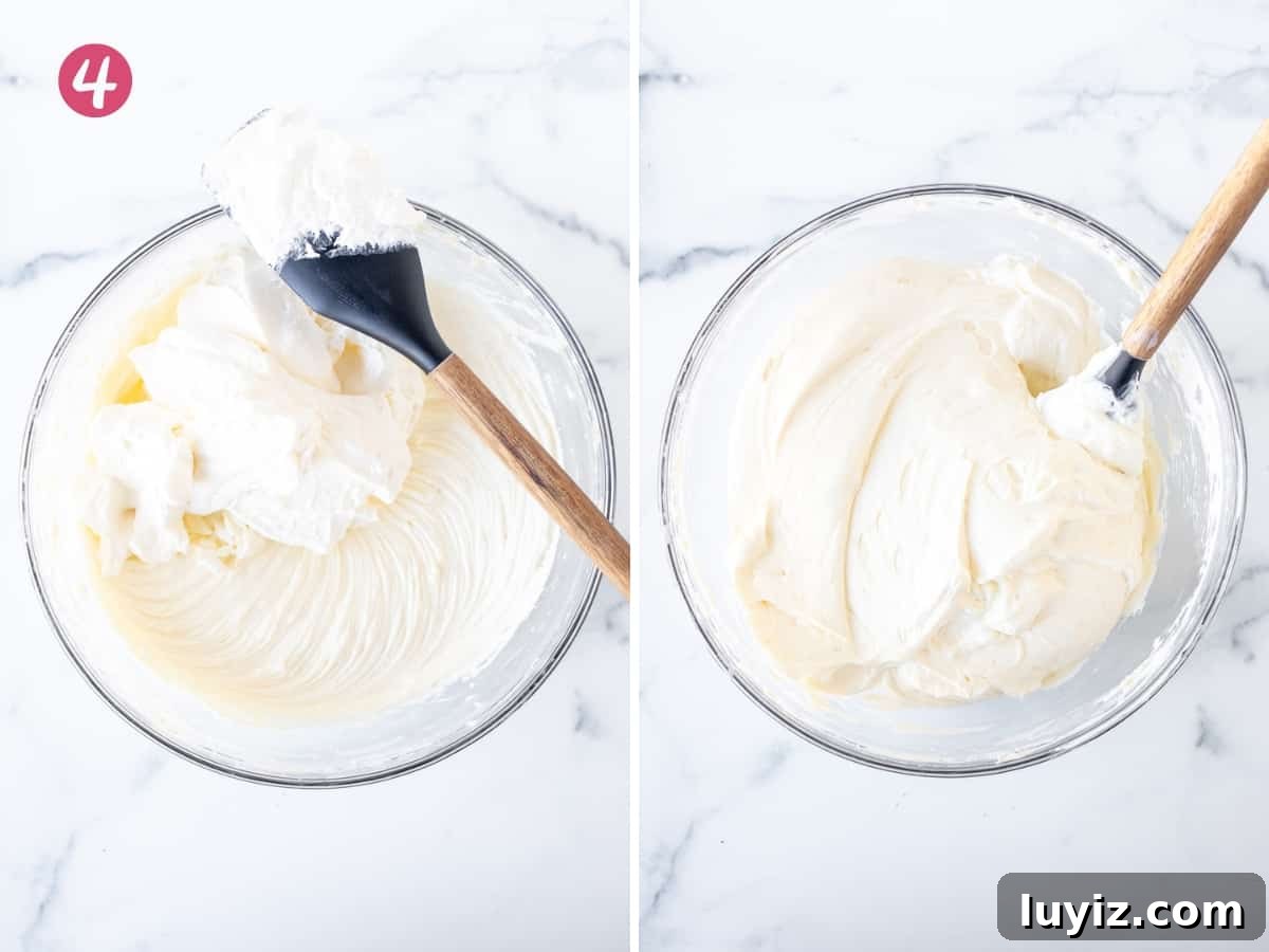 Creamy No-Bake Lemon Cheesecake Recipe: Zesty Dessert Without Baking 7 2 photos of folding whipped cream into cream cheese mixture