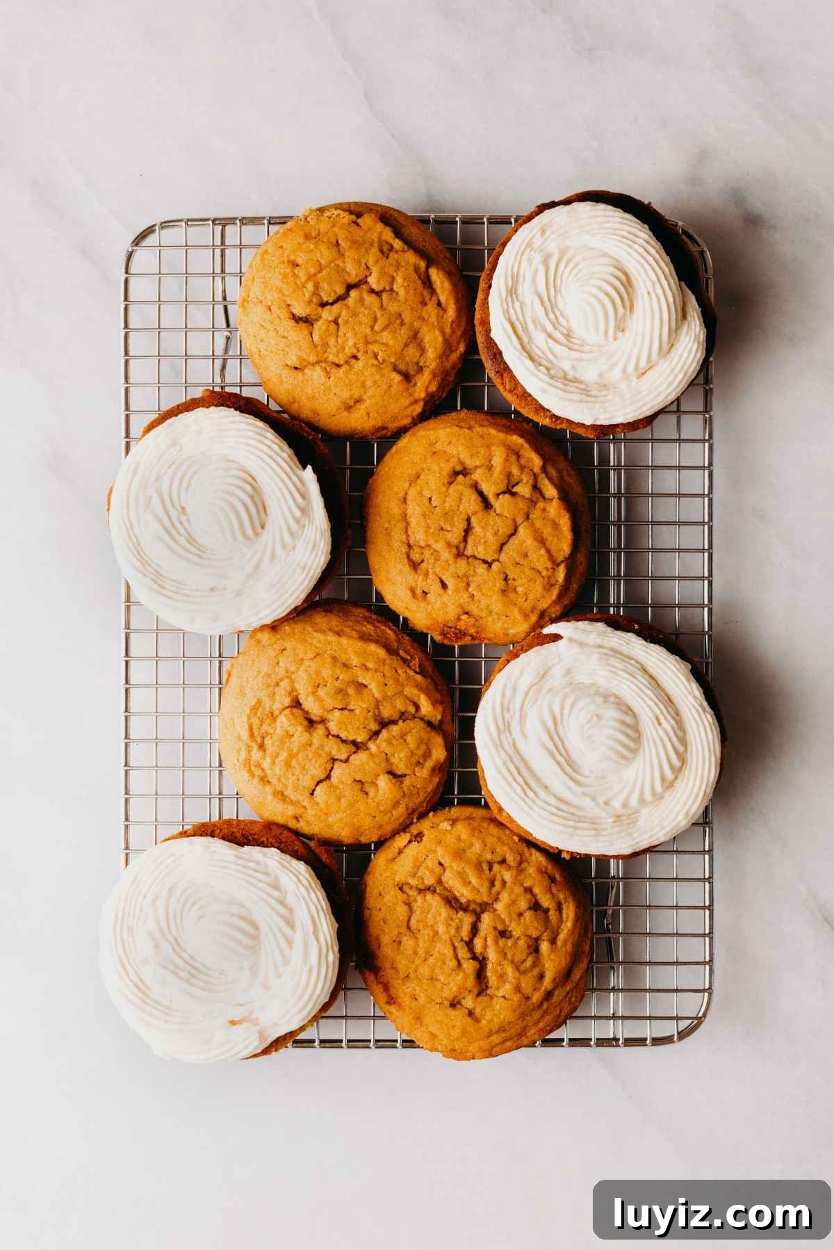 Pumpkin Whoopie Pies Recipe: Soft Spiced Sandwich Cookies 16 Pumpkin whoopie pies filled with maple cream cheese frosting on a wire cooling rack on a light grey marbled background.