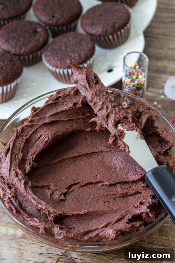Mini Chocolate Cupcakes Recipe for Moist, Bite-Sized Treats 5 Fluffy chocolate frosting is the perfect topping for these mini chocolate cupcakes