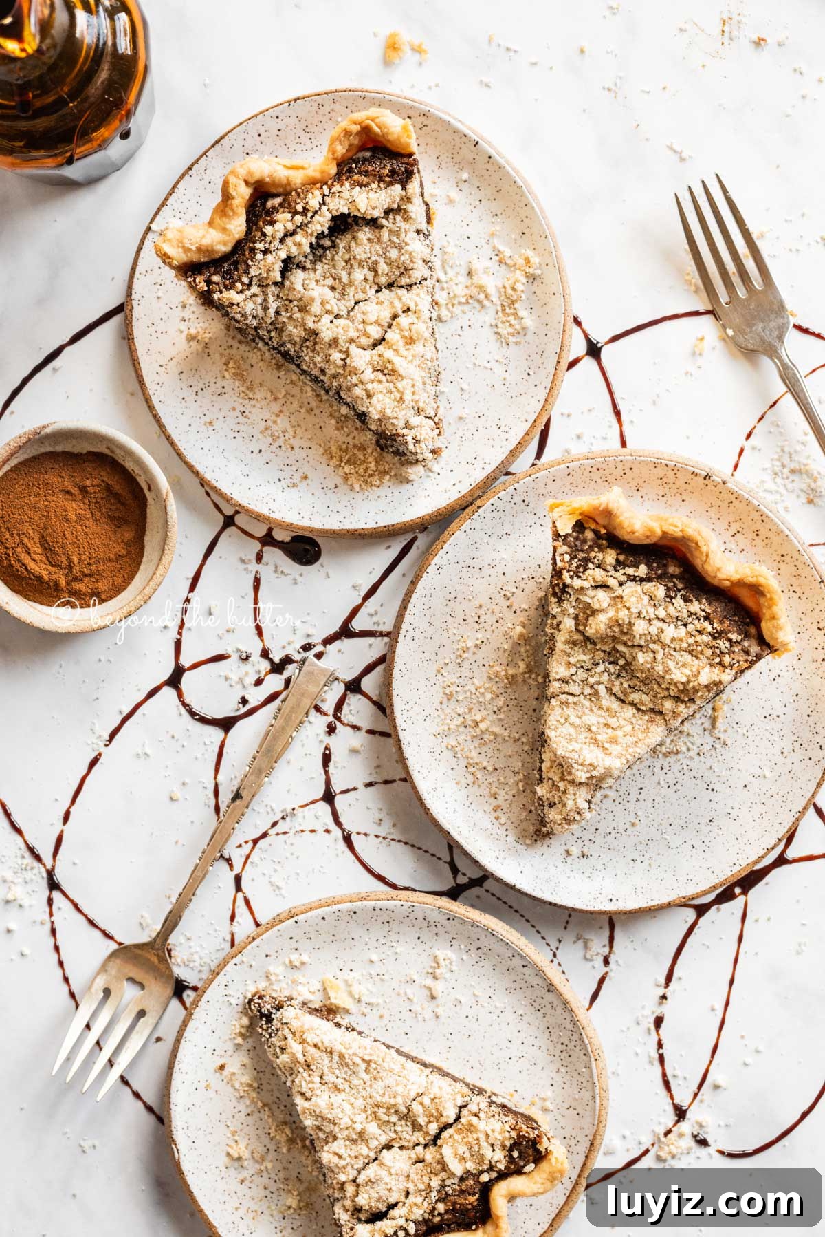 Classic Shoofly Pie Recipe: Molasses Crumb Pie from Pennsylvania 10 Slices of shoo fly pie on dessert plates with a bowl of cinnamon and glass of molasses | All Images © Beyond the Butter™