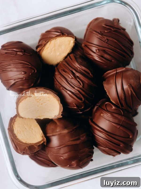 Classic Shoofly Pie Recipe: Molasses Crumb Pie from Pennsylvania 8 Chilled chocolate covered peanut butter eggs drizzled with more chocolate randomly placed in a glass container with two cut in half on white background.