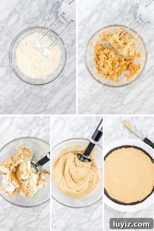 Creamy No-Bake Peanut Butter Pie Recipe for Any Occasion 5 Collage showing how to make peanut butter pie filling.