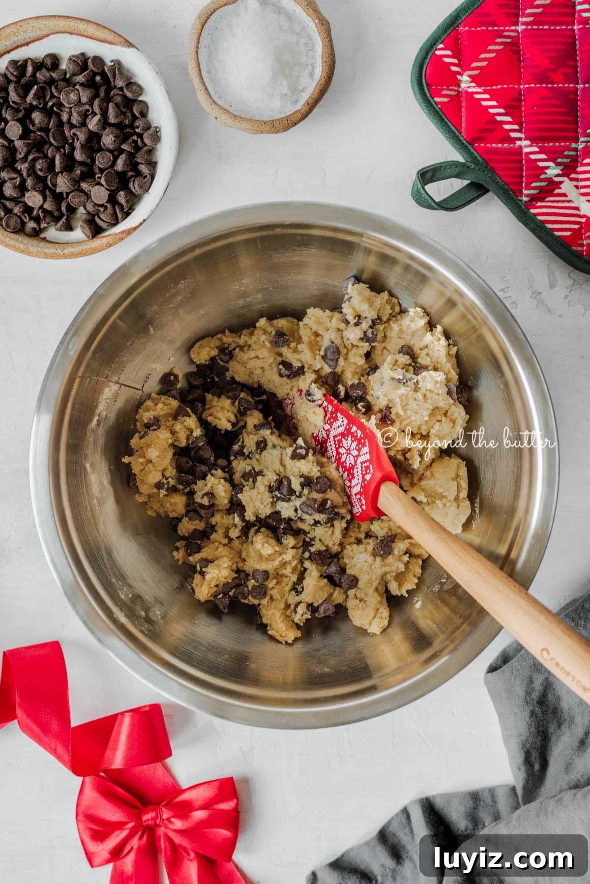 Classic Chocolate Chip Shortbread Cookies Recipe 4 Overhead image of chocolate chip shortbread cookies being made | All Images © Beyond the Butter®
