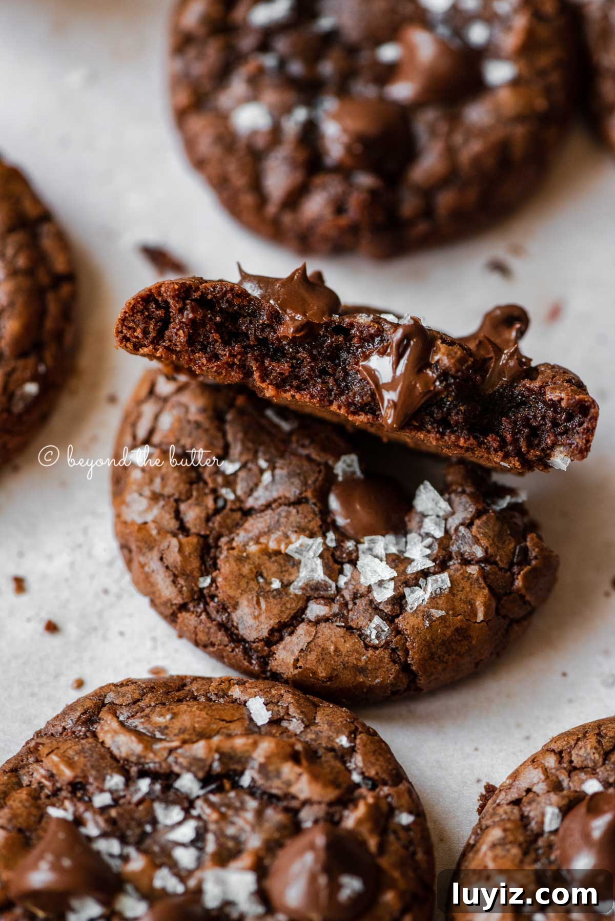 Salted Chocolate Brownie Cookies Recipe 3 Salted brownie cookie split in half showing with melted chocolate chips peaking through | All Images © Beyond the Butter®