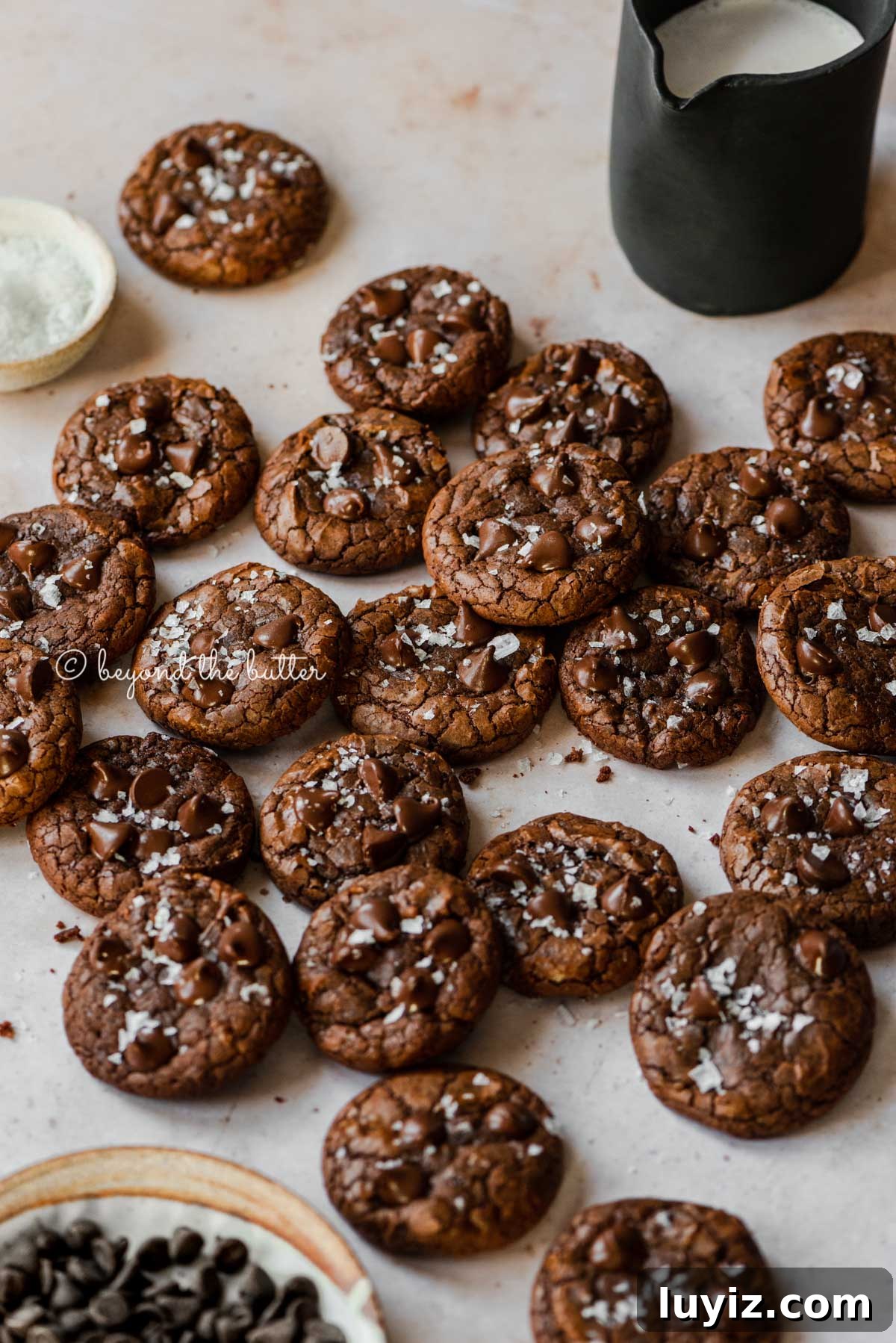 Salted Chocolate Brownie Cookies Recipe 4 Salted chocolate chip brownie cookies randomly placed on an abstract light brown background with small black pitcher of milk and bowl of sea salt flakes to the side | All Images © Beyond the Butter®