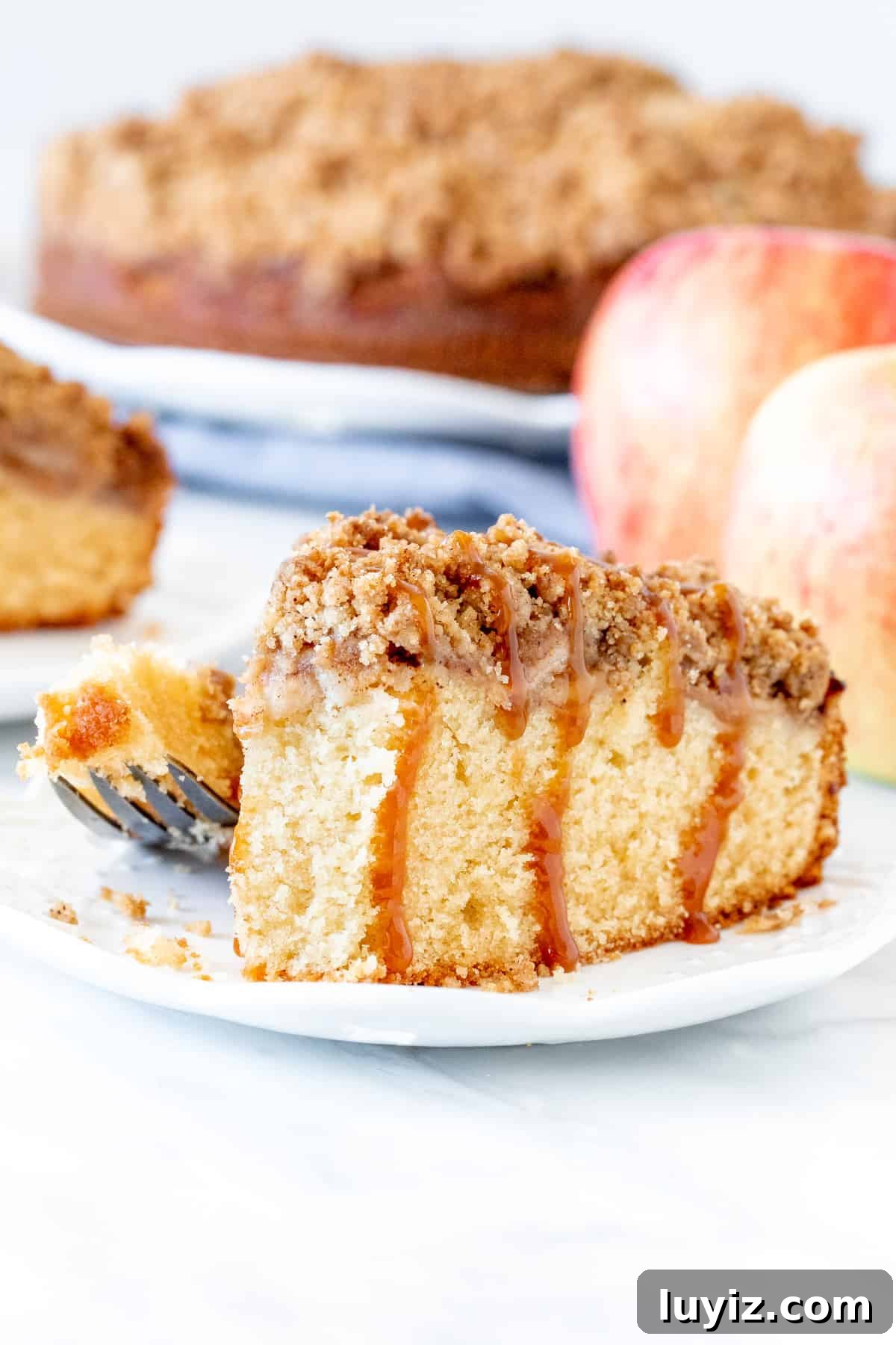 Apple Cinnamon Coffee Cake Recipe with Streusel Topping 5 Slice of apple cinnamon crumb cake with caramel sauce.