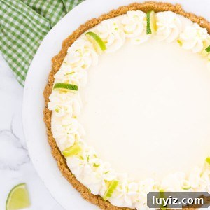 No-Bake Key Lime Pie Recipe (Quick, Creamy & Zesty) 7 Overhead view of an entire no bake key lime pie with whipped cream and lime slices to decorate.