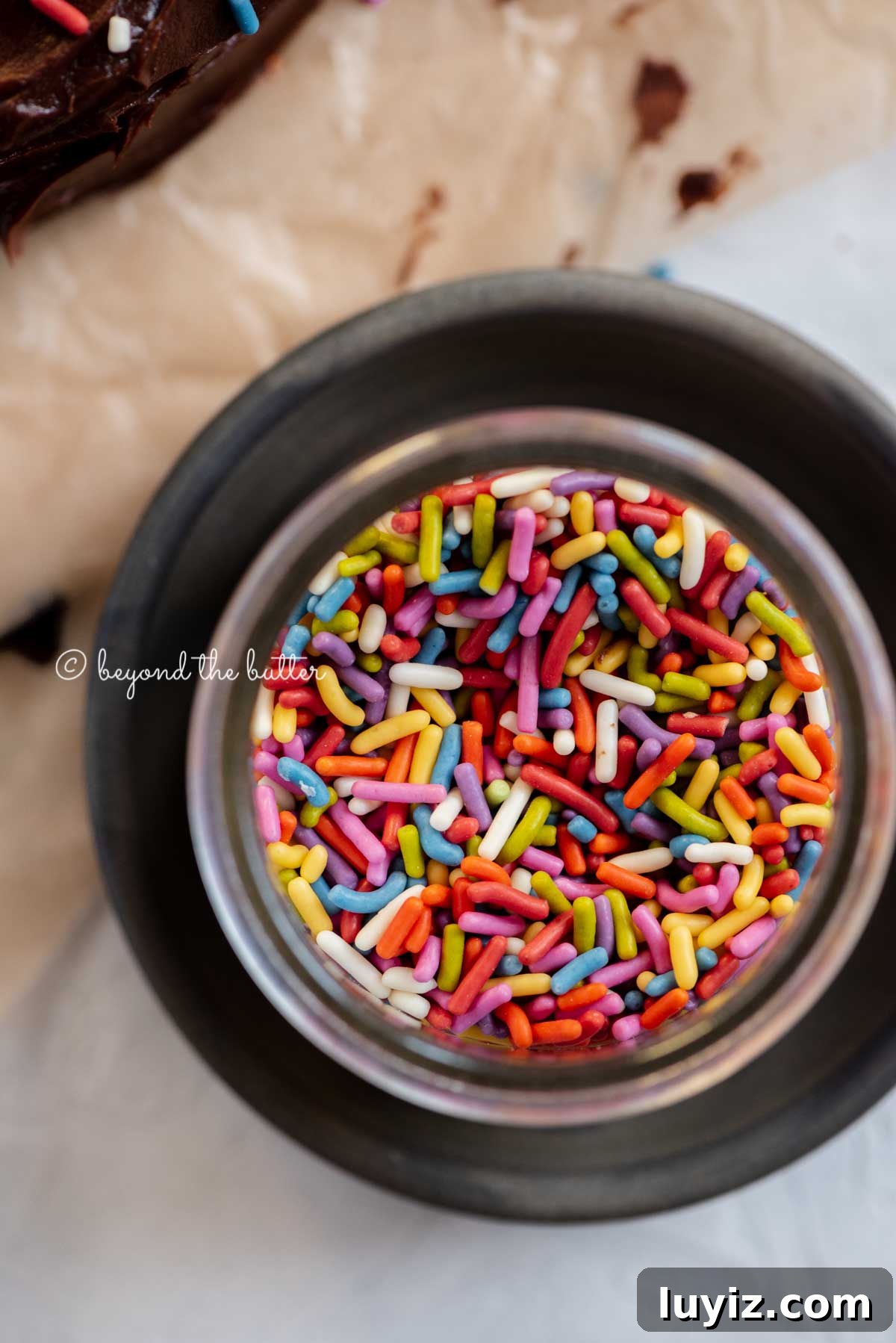 Decadent Single-Layer Chocolate Cake Recipe for One Pan 5 Small bowl of rainbow sprinkles on a dark plate with chocolate cake next to it | All Images © Beyond the Butter®