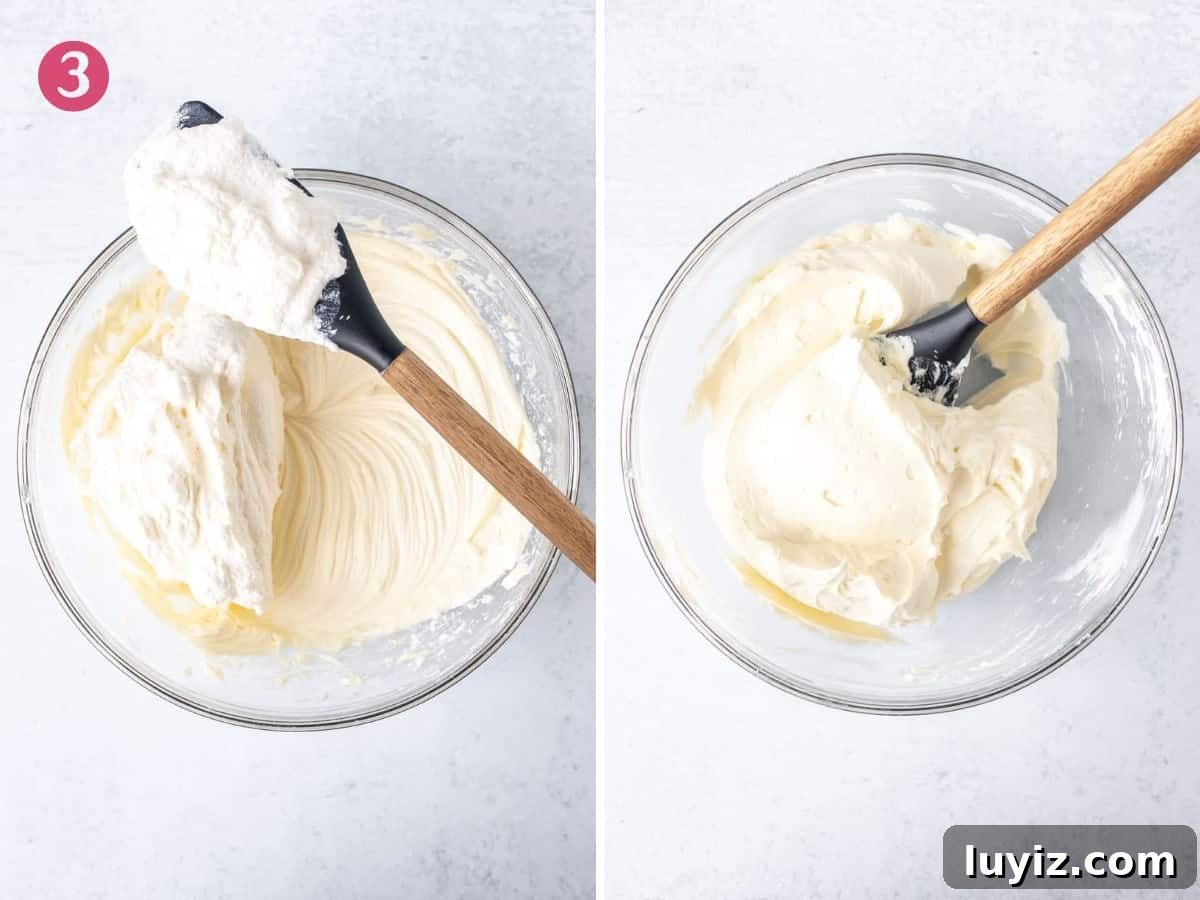 Strawberry Cream Cheese Pie Recipe with Fresh Berry Topping 6 2 bowls - showing folding whipped cream into cream cheese mixture.