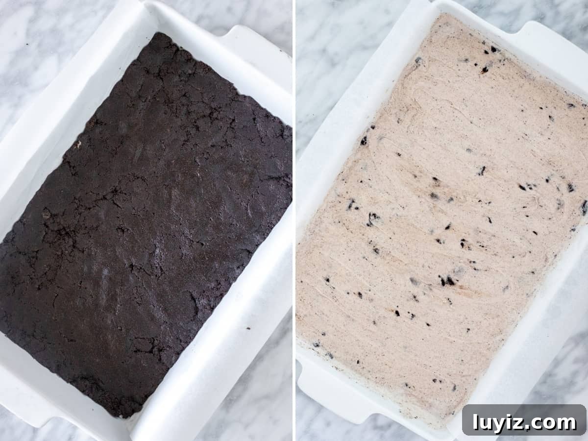 Ultimate Oreo Ice Cream Cake Recipe for Celebrations 3 Collage of Oreo crust and ice cream spread on top in a pan.