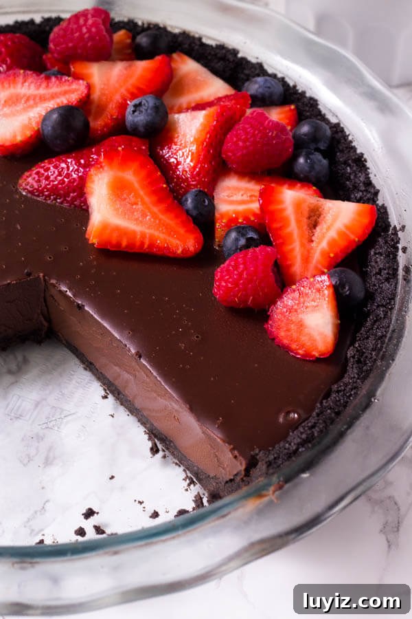 Creamy No-Bake Chocolate Pie Recipe for Quick Dessert 6 No bake chocolate pie with Oreo crust and fudgy filling