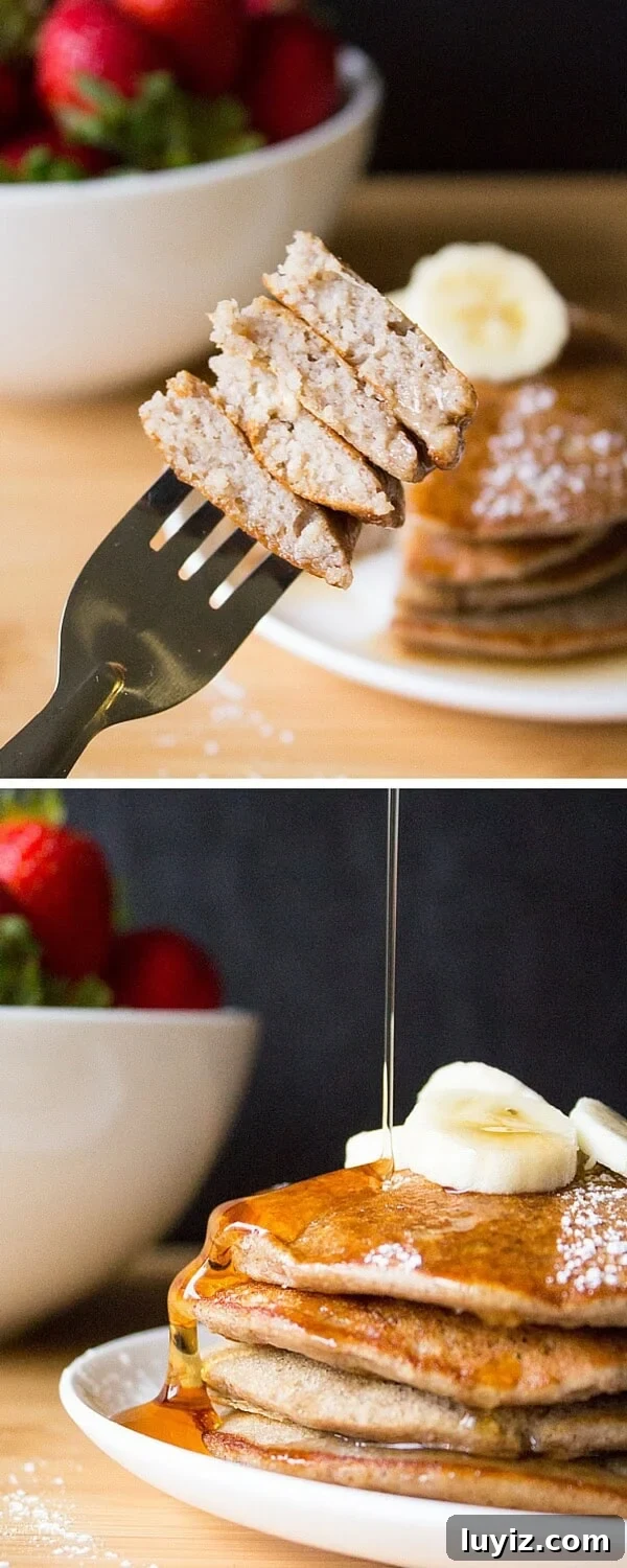 Skinny Banana Pancakes that are gluten free, dairy free, have no refined sugars & taste completely delicious! Give this easy recipe a try
