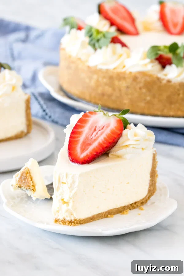 No-Bake Cheesecake Recipe with a Creamy Graham Cracker Crust 2 Slice of no bake cheesecake with a strawberry on top on a plate with a bite taken out of it.