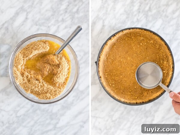 No-Bake Cheesecake Recipe with a Creamy Graham Cracker Crust 4 Collage of 2 step process for making no-bake cheesecake