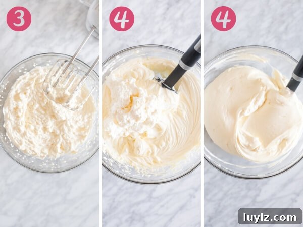 No-Bake Cheesecake Recipe with a Creamy Graham Cracker Crust 6 3 step by step photos of folding the whipped cream into cream cheese mixture.