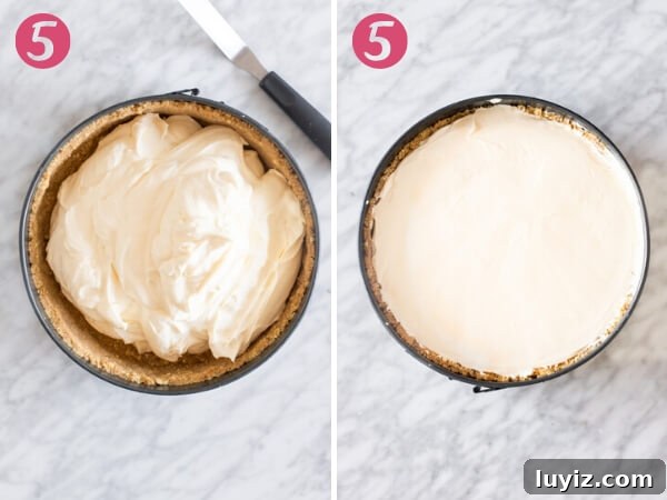 No-Bake Cheesecake Recipe with a Creamy Graham Cracker Crust 7 2 step photos of adding no-bake cheesecake filling to graham crumb crust.