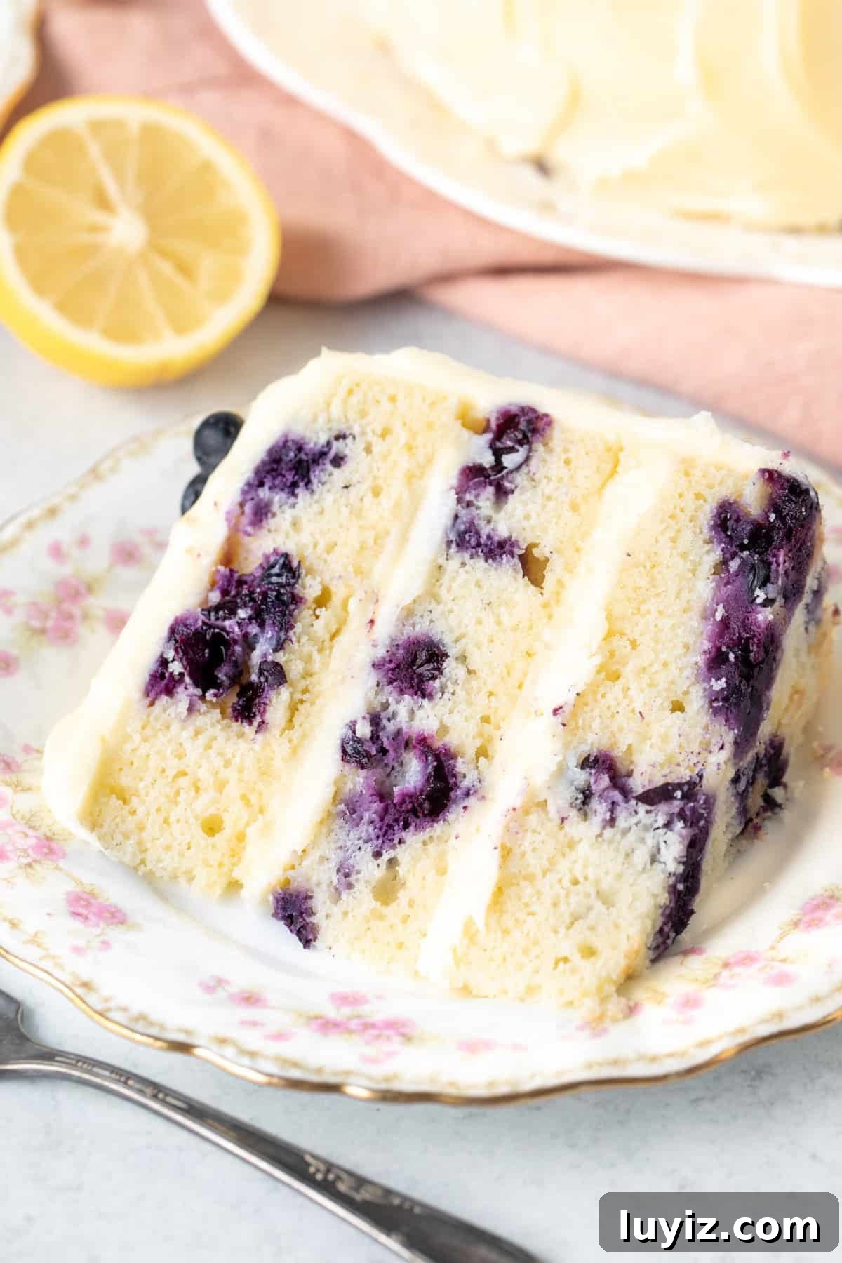 Lemon Blueberry Layer Cake Recipe with Zesty Glaze 2 Slice of a three layer lemon blueberry cake with cream cheese frosting