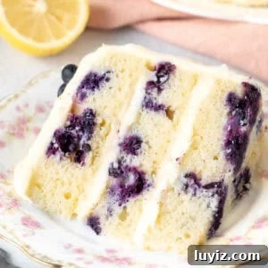 Lemon Blueberry Layer Cake Recipe with Zesty Glaze 11 Slice of lemon blueberry cake on a plate
