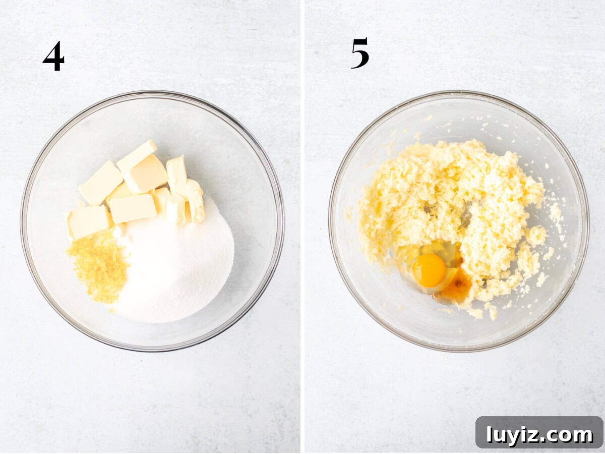 Lemon Blueberry Layer Cake Recipe with Zesty Glaze 5 Bowl of butter, sugar and lemon zest, and bowl of butter sugar and lemon zest creamed together with egg and vanilla extract added