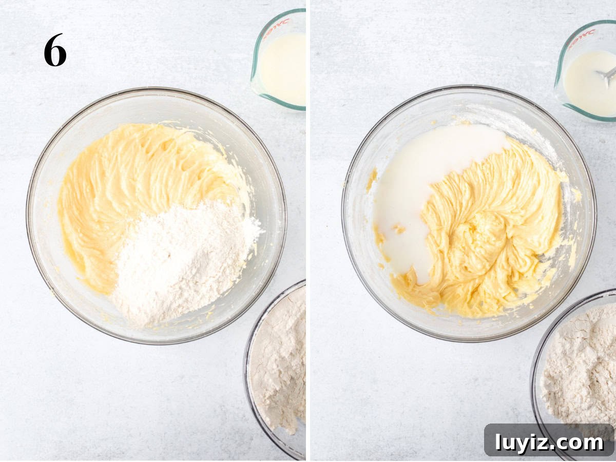 Lemon Blueberry Layer Cake Recipe with Zesty Glaze 6 Bowl with dry ingredients added to the cake batter, and bowl with milk added to the cake batter
