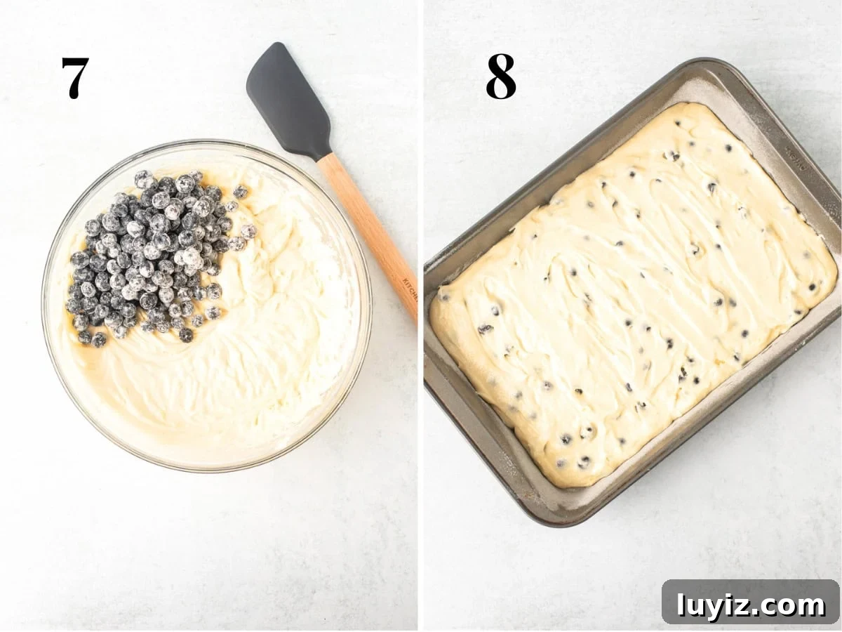Lemon Blueberry Layer Cake Recipe with Zesty Glaze 7 Bowl of lemon cake batter with blueberries tossed in flour and pan of lemon blueberry cake batter