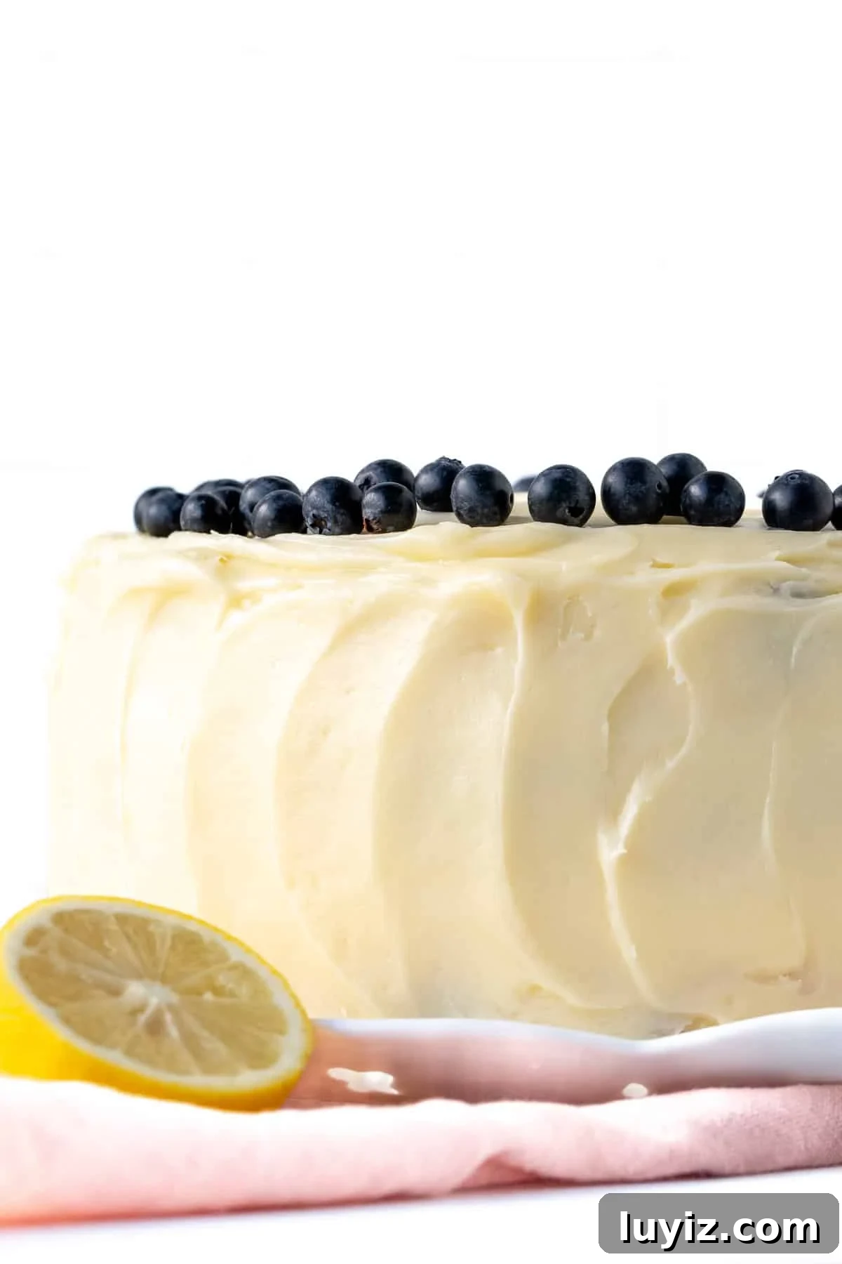 Lemon Blueberry Layer Cake Recipe with Zesty Glaze 8 8-inch round lemon blueberry layer cake with cream cheese frosting and decorated with blueberries.