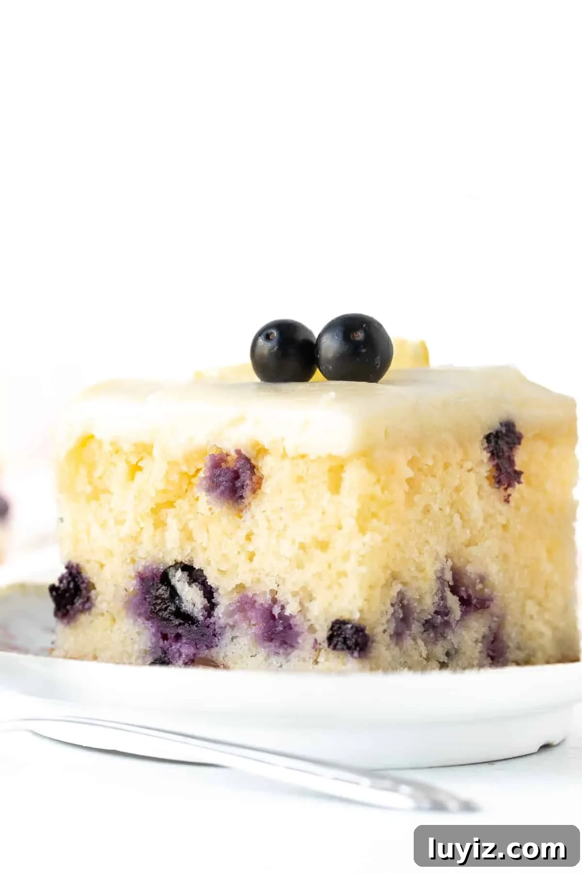 Lemon Blueberry Layer Cake Recipe with Zesty Glaze 9 Slice of lemon blueberry sheet cake with cream cheese icing