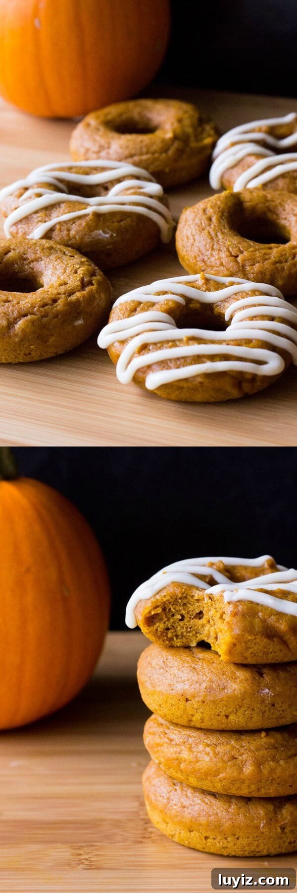 Baked Pumpkin Doughnuts Recipe: Light, Spiced Fall Treat 3 Baked Pumpkin Cake Doughnuts with Cream Cheese Glaze are the perfect fall treat. Ready in 30 minutes from start to finish - try them for breakfast or afternoon coffee!