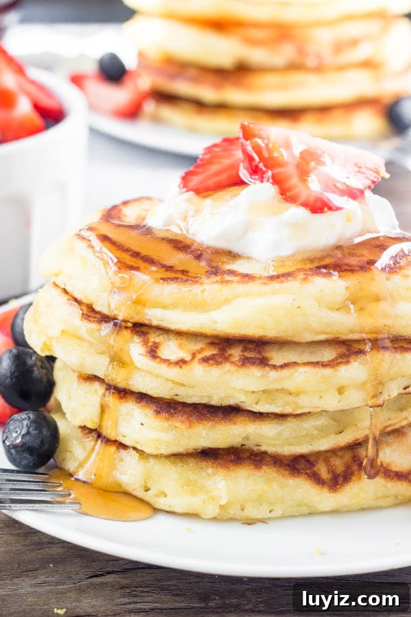 Fluffy Lemon Pancakes with Zesty Maple Syrup 2 These lemon pancakes have a deliciously bright & sunny flavor thanks to fresh lemon juice and lemon zest. They're extra fluffy with golden edges, and taste delicious with summer berries or syru