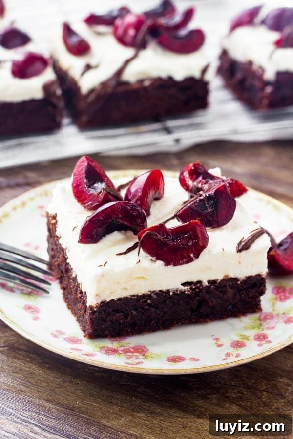 Black Forest Brownies Recipe with Cherry and Chocolate Swirl 5 Extra fudgy brownies topped with whipped cream & cherries - these black forest brownies are so easy & delicious.