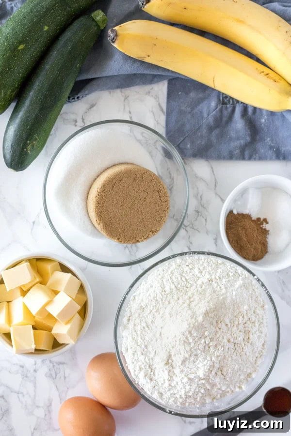 Ingredients for making zucchini banana bread