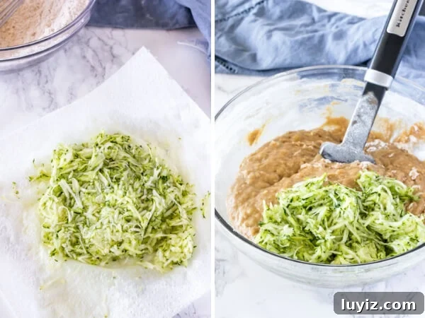 Moist Zucchini Banana Bread Recipe for Summer Baking 5 Side by side photos showing how to make zucchini banana bread. First blotting the excess water out of the grated zucchini with a paper towel, then gently folding the zucchini into the batter.