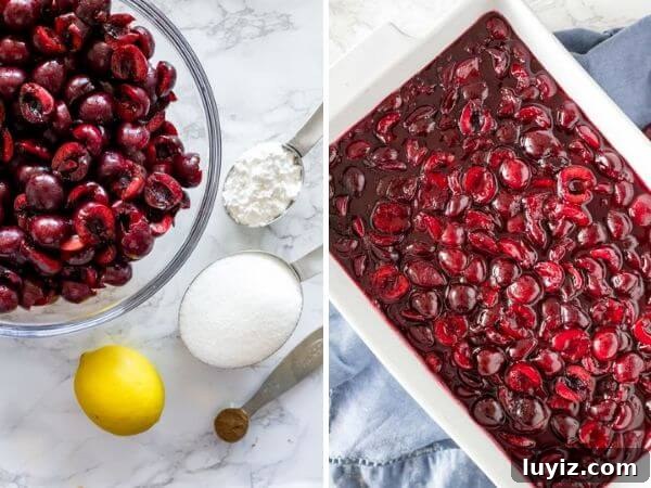 Homemade Cherry Crisp with Oat Topping Recipe 3 2 side by side photos showing how to make the cherry pie filling for cherry crisp. The photo on the left shows the ingredients, and the photo on the right shows the cherry mixture after it's been boiled down.