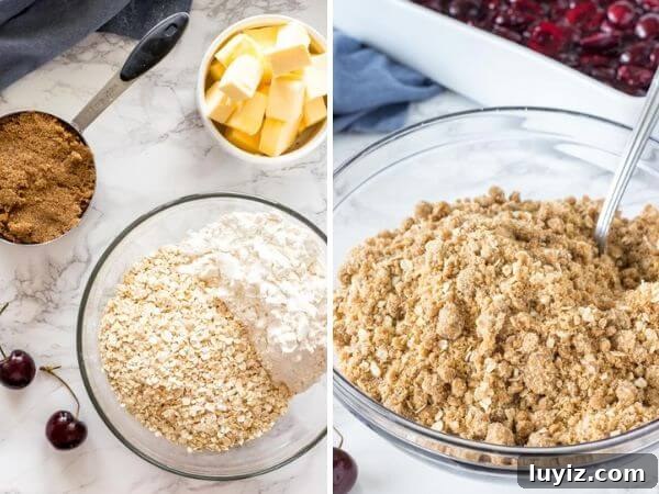 Homemade Cherry Crisp with Oat Topping Recipe 4 2 step by step photos showing how to make the crumble topping for cherry crisp. The photo on the right shows the ingredients, and the photo on the left shows the crisp topping before it's sprinkled over the cherry layer.
