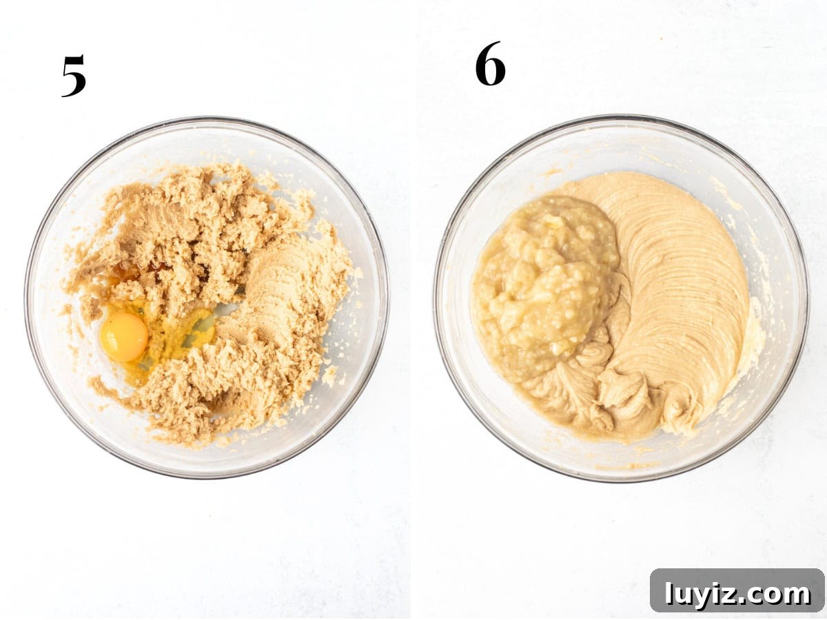 Moist Banana Cake Recipe: Simple Step-by-Step Guide 4 Mixing the eggs into the butter mixture, and mixing the mashed bananas into the cake batter for banana cake