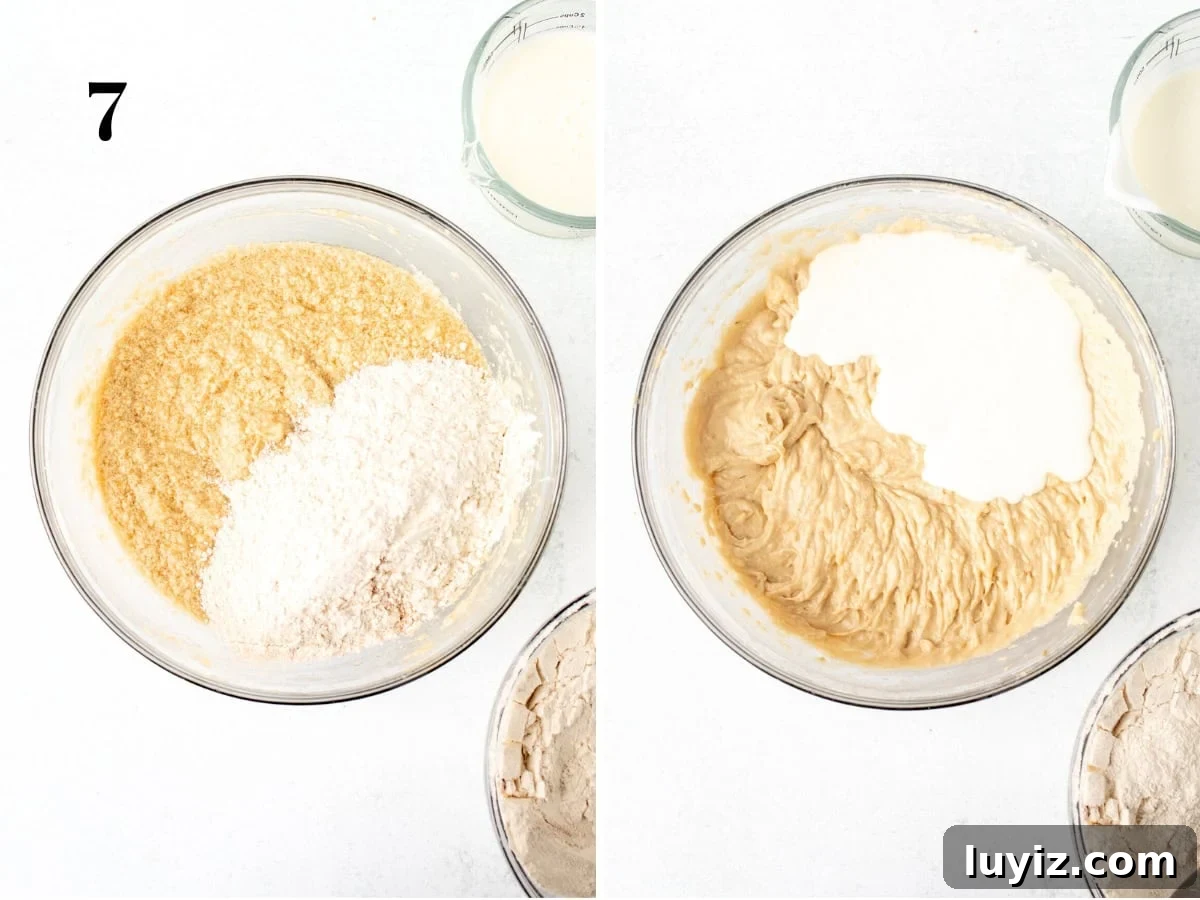 Moist Banana Cake Recipe: Simple Step-by-Step Guide 5 Mixing dry ingredients and milk into banana cake batter.