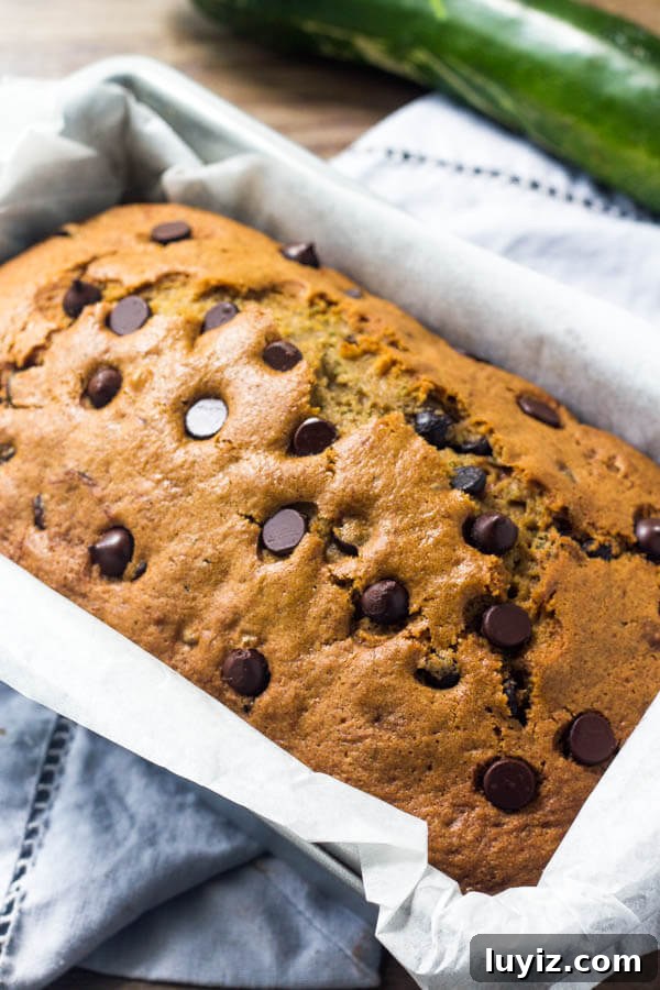 Moist Chocolate Chip Zucchini Bread Recipe with Warm Spices 3 Chocolate chip zucchini bread recipe - moist, tender & filled with chocolate.
